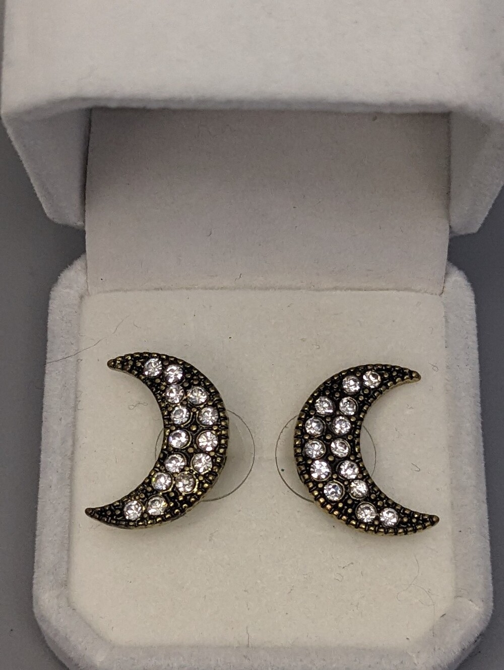 Antique Gold Tone Crescent Moon Rhinestone Earrings Boho Celestial Jewelry